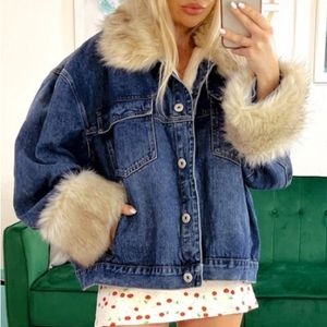 Oversized Denim Faux Fur Collar Jacket